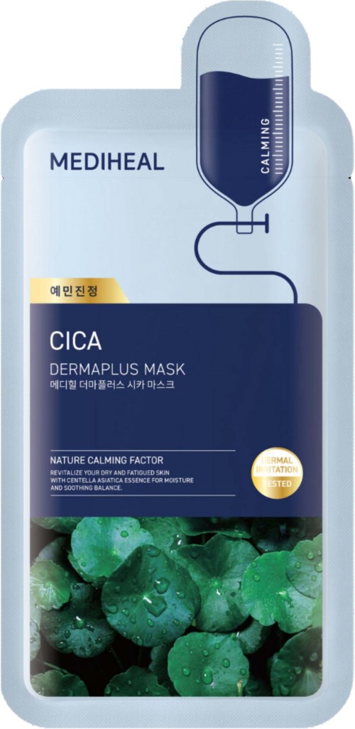 Verpakking van Mediheal Cica Dermaplus Mask met groene klavers en een hydratatieillustratie.