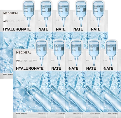 En annons för hudvårdsprodukter med flaskor märkta Mediheal Hyaluronate och Nate, med vatten och isbilder.