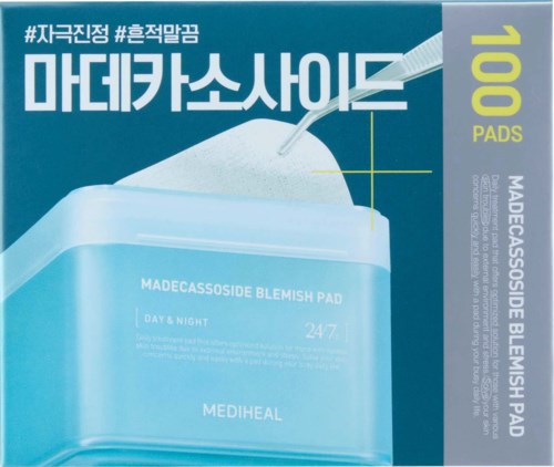 Verpakking met 100 individuele acnebehandelingpads, lichtblauwe verpakking, met Koreaanse en Engelse tekst, en groot nummer 100.
