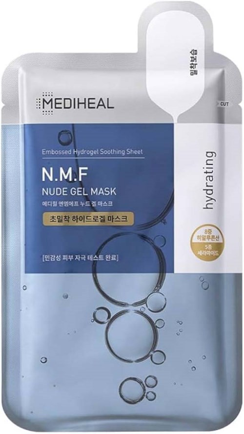 Een lichtblauw en wit verpakking voor gezichtsmaske met productinformatie en Koreaanse tekst, met bellen en een lepelillustratie.