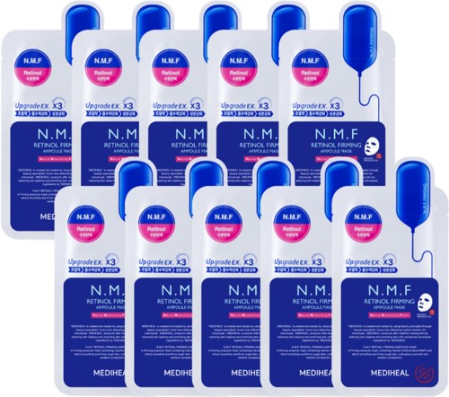 Multiple skincare ampoules in blue and pink packaging labeled N.M.F. Retinol Firming with a dropper. Five rows displayed.