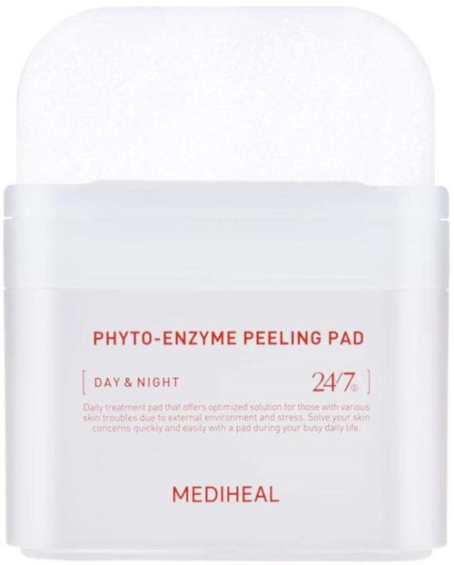 Een witte container met een label voor Phyto-Enzyme Peeling Pad, geschikt voor dag en nacht gebruik, door MEDIHEAL.