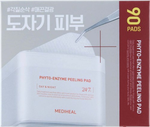 Een doos met 20 huidpeelpads genaamd 'Phyto-Enzyme Peeling Pad', geschikt voor dag en nacht gebruik, gemaakt door Mediheal.