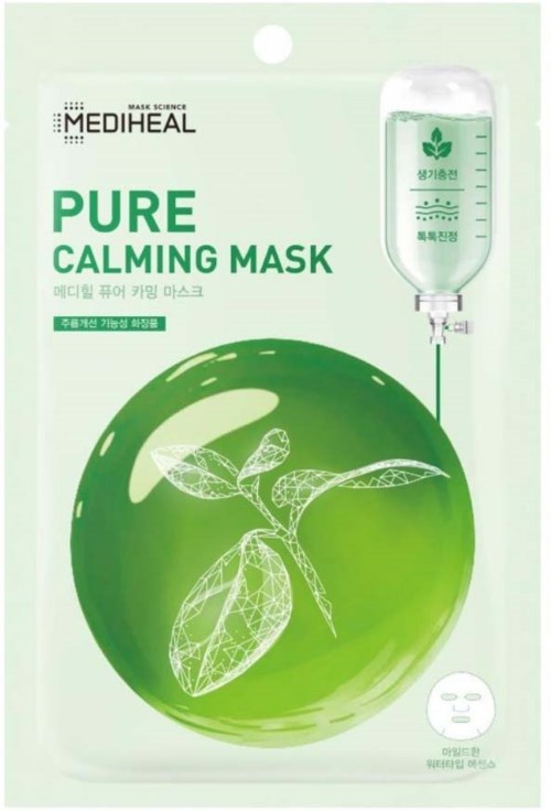 Förpackning för ansiktsmask med grönt lövdesign, IV-droppillustration och texten 'Pure Calming Mask'.