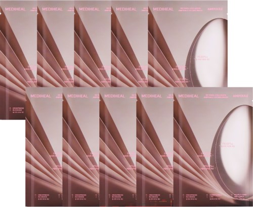 Multiple copies of Mediheal skincare product packaging featuring pink design and large white circle. Remember to avoid technical terms.