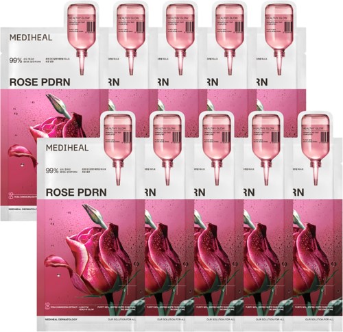 A repeated image of a skincare product and a pink flower, with some text and branding.
