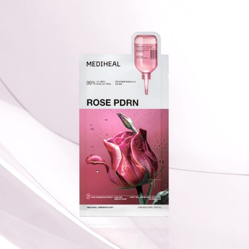 A skincare product packaging with a rose and dropper, featuring pink and white colors and botanical imagery.