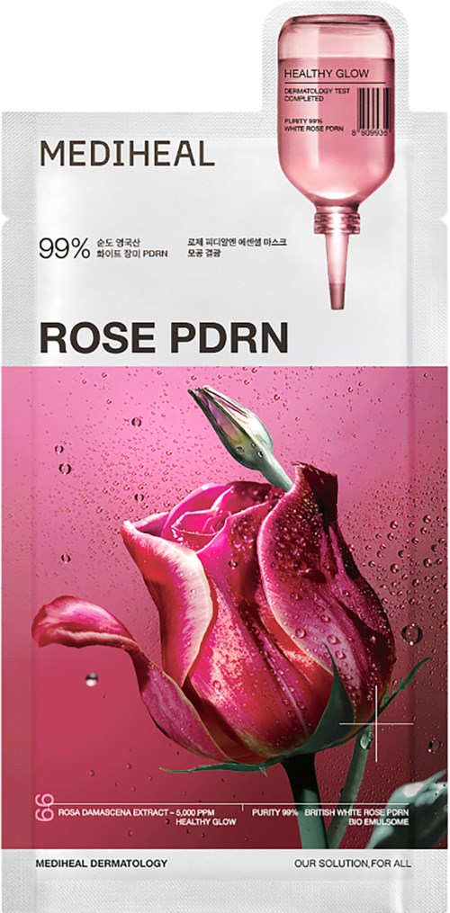 Förpackning för en rosbehandling med rosa färg, en rosbild och text som beskriver produktens egenskaper.