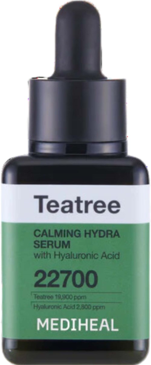 Een kleine zwarte fles met druppelaar, gelabeld Teatree Calming Hydra Serum met hyaluronzuur, Mediheal.
