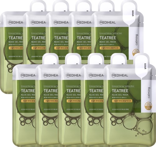 A set of ten MEDIHEAL TEATREE gel masks in green packaging with white handles, promoting skin calming and hydration.