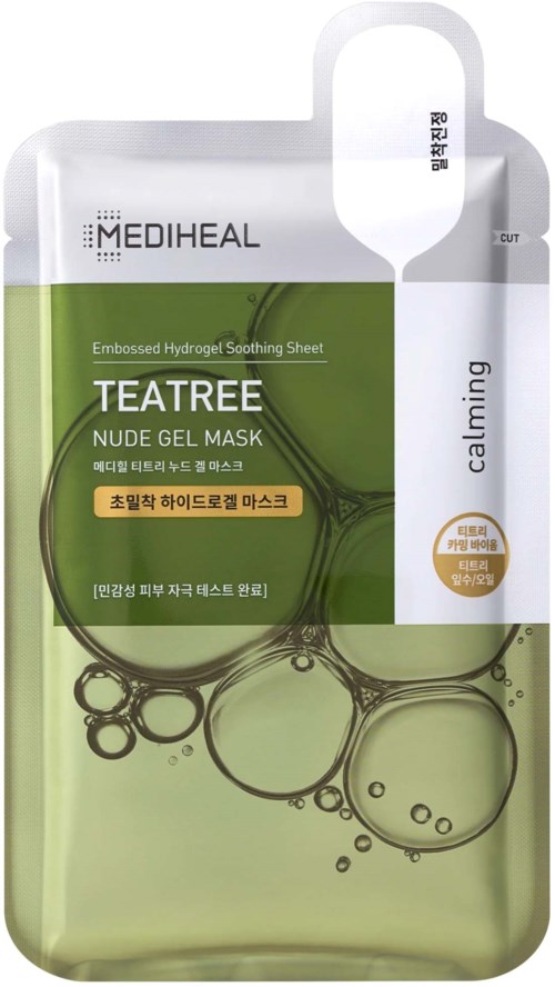 Groene en witte verpakking met tekst over een tea tree gel masker voor kalmerende huid.