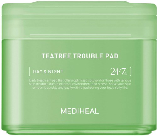 Groene container van Mediheal Teatree Trouble Pad voor huidproblemen, geschikt voor dag en nacht gebruik.