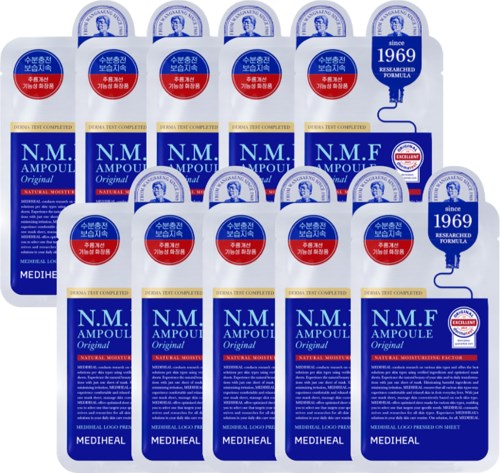 Multiple boxes of N.M.F. Ampoule skincare product labeled as original and research formula, with blue and red designs.