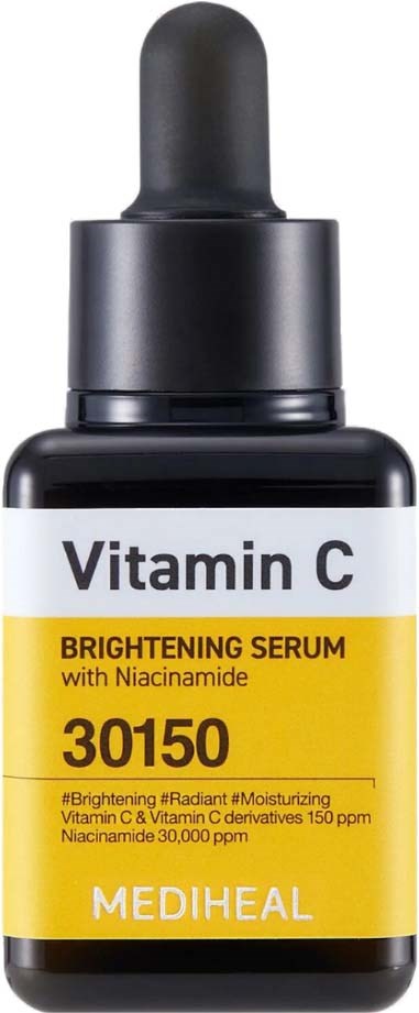 En liten mörk flaska med droppkork, märkt 'Vitamin C Brightening Serum' i gult och vitt.