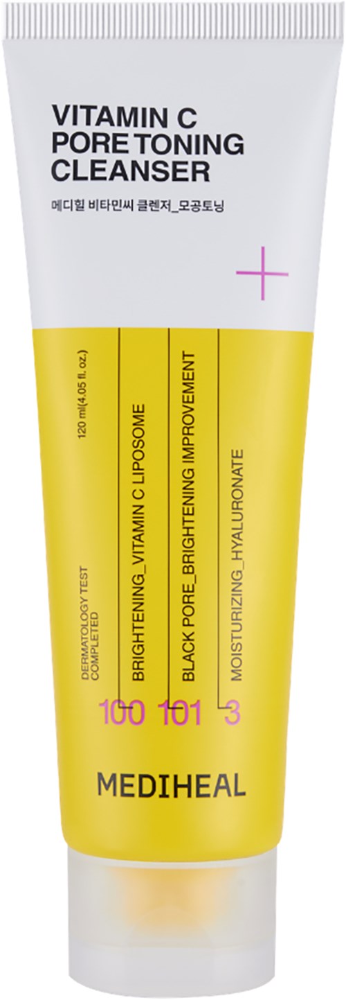 Biała i żółta tubka z napisem Vitamin C Pore Toning Cleanser do rozjaśniania i zwężania porów.