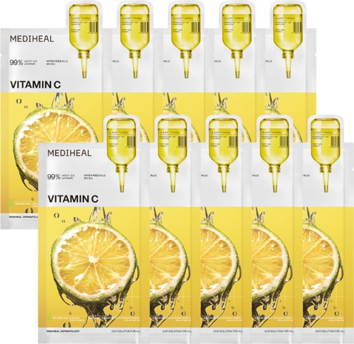 A display of Vitamin C serum bottles with lemon images on packaging, arranged in rows.