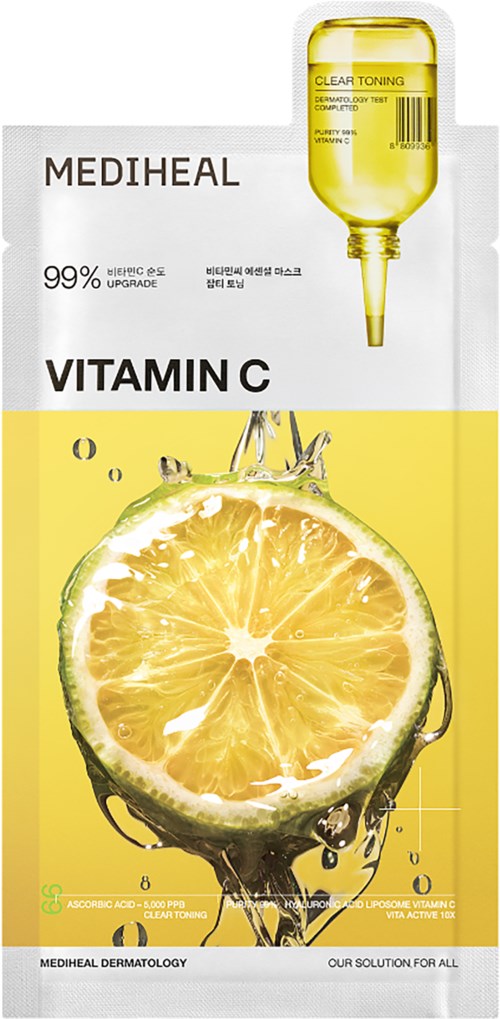 En ansiktsproduktreklam visar vitamin C med en citron och vattenstänk, som betonar fräschhet och hudfördelar.