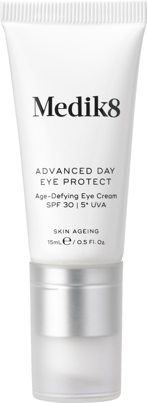 Valkoinen putki Medik8 Advanced Day Eye Protect -silmänympärysvoiteesta, SPF 30, UVA.