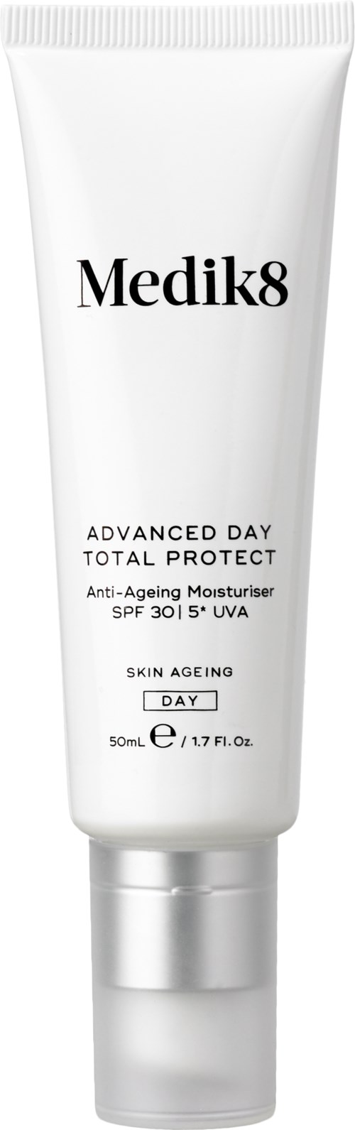 A white tube of Medik8 Anti-Ageing Moisturiser with SPF 30 and UV protection, for day use.