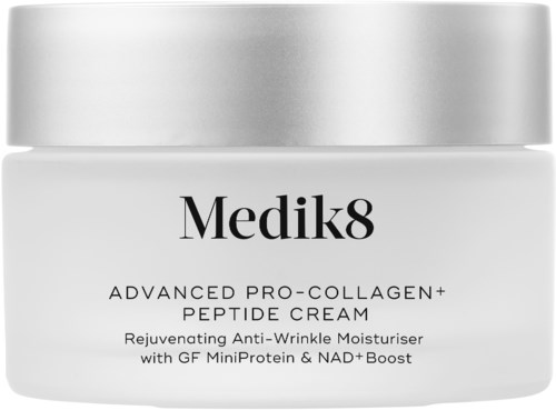 Vit burk med Medik8 avancerad kollagen- och peptidkräm, för anti-rynka och hudföryngring.