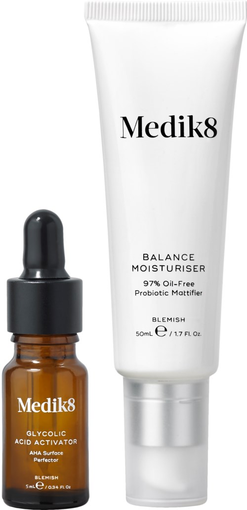 Two beauty products: a dropper bottle of Medik8 Glycolic Acid and a white tube of Medik8 Balance Moisturiser.