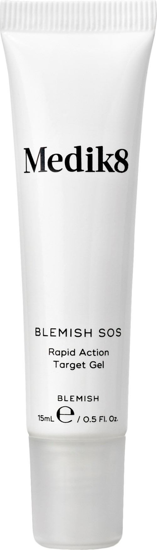 En hvit tube merket Medik8 Blemish SOS, en gel for hudproblemer, 15 ml størrelse.