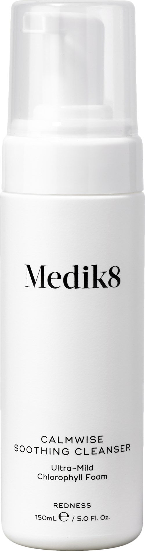 A white bottle labeled Medik8 Calmwise Soothing Cleanser with a pump top.