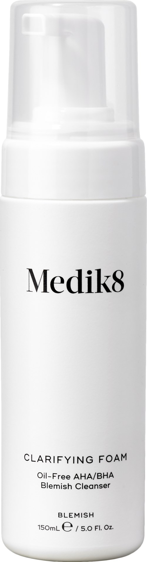 A white bottle with a pump, labeled Medik8 Clarifying Foam, for skin cleansing and blemish treatment.