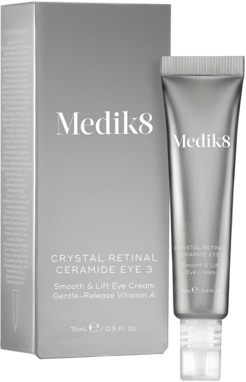 Hopea värinen boxi ja putki Medik8-nahanhoitotuotteesta silmille, nimeltä 'Crystal Retinal Ceramide Eye 3'.