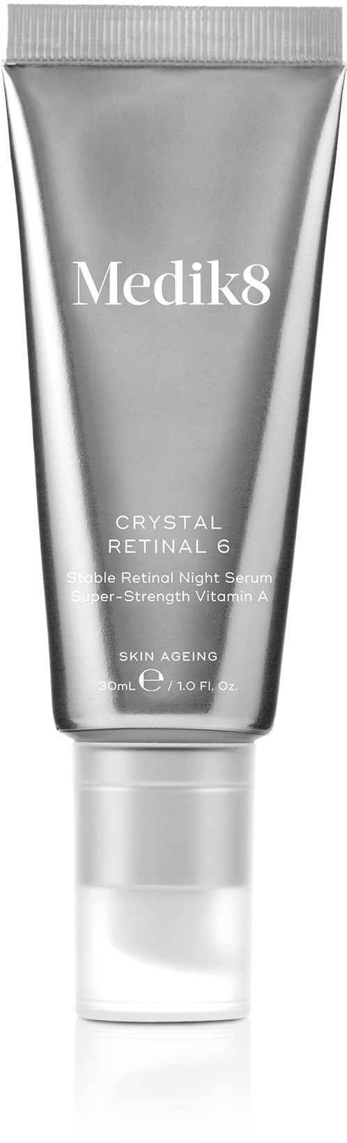 A silver tube of Medik8 skincare product with white text, labeled as Crystal Retinal 6.