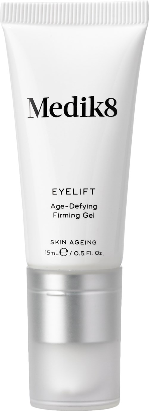 En vit tub med svart text, märkt MediK8 Eyelift, Age-Defying Firming Gel, 150ml.