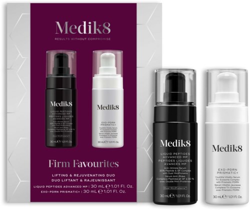 Two Medik8 skincare bottles, one black and one white, displayed with a Medik8 logo and product details on packaging.