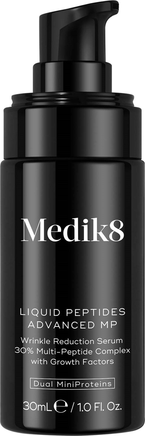 A black bottle with a pump labeled 'Medik8', containing liquid peptides for skin care, 30ml size.
