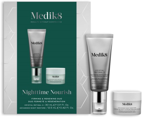 Medik8 Nighttime Nourish skincare set including a tube and jar, with green and white packaging on a box.