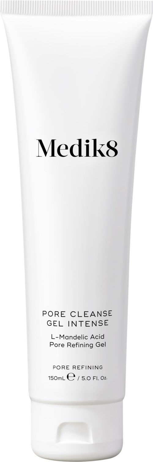 Valkoinen putki Medik8 Pore Cleanse Gel Intense, sisältää L-Mandelic Acid -hapon huokosten puhdistukseen.