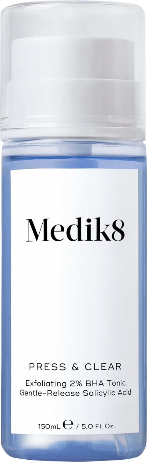 A clear bottle labeled 'Medik8'. Contains a toning liquid with active ingredients like BHA and salicylic acid.