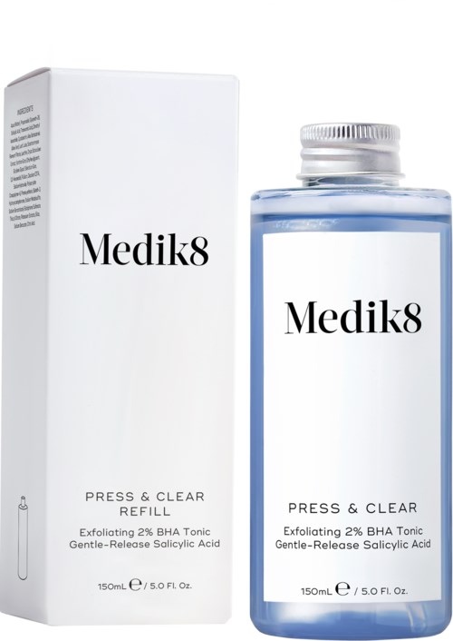 A box and a bottle of Medik8 skincare product, labeled as Press & Clear Refill, containing exfoliating salicylic acid.
