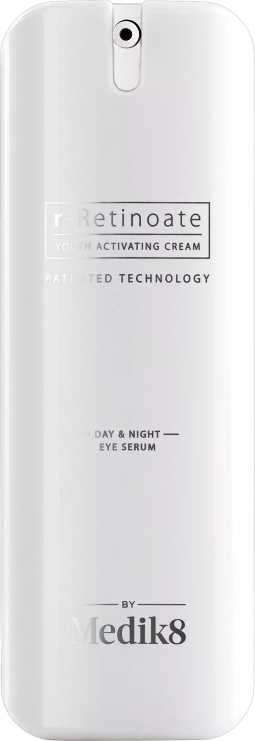 White bottle with a spray nozzle, labeled Retinoate activating cream for eye serum by Medik8.