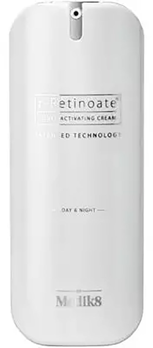A white skincare bottle labeled "Retinoate" with a small opening at the top.