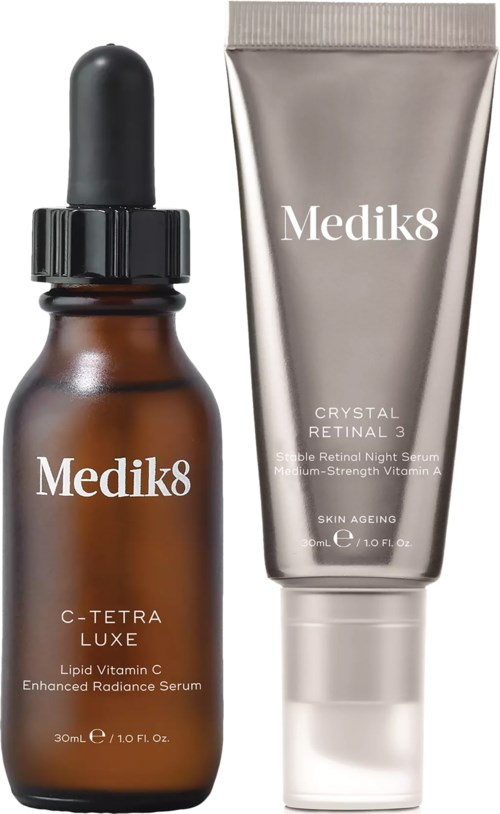 A brown dropper bottle and a silver tube both labeled Medik8, containing skincare serums for skin aging and radiance.