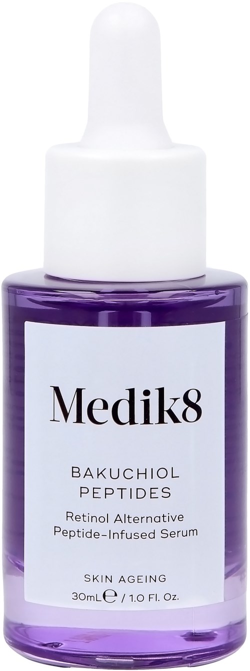 A purple serum bottle with a white dropper cap, labeled Medik8 Bakuchiol Peptides for skin aging, 30ml.