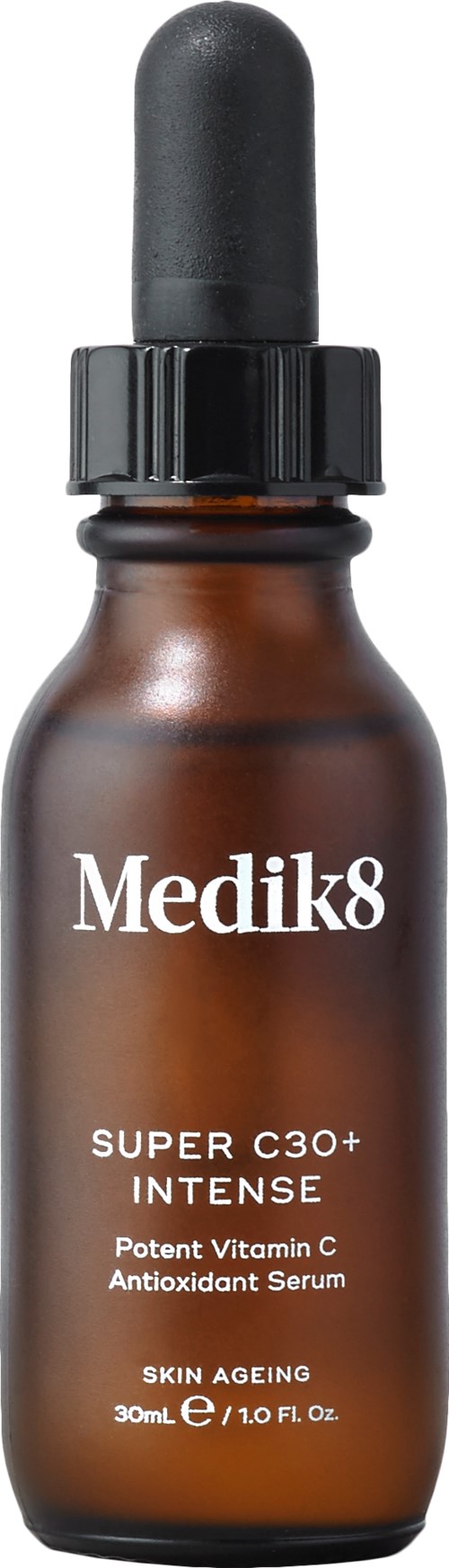 A small brown bottle with a black dropper cap, labeled Medik8 Super C30+ Intense serum for skin aging.
