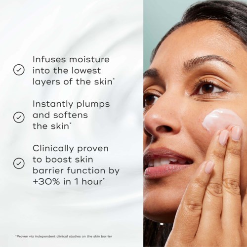 A woman applies cream on her face next to skincare benefits listed for moisturizing and soothing skin.