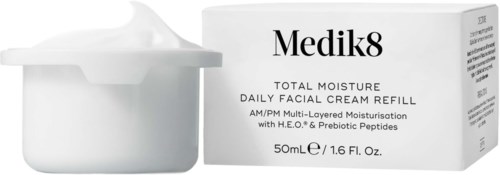 A white cream container and box labeled Medik8 daily facial cream for moisturizing skin. It includes ingredients like H.E.O. and peptides.