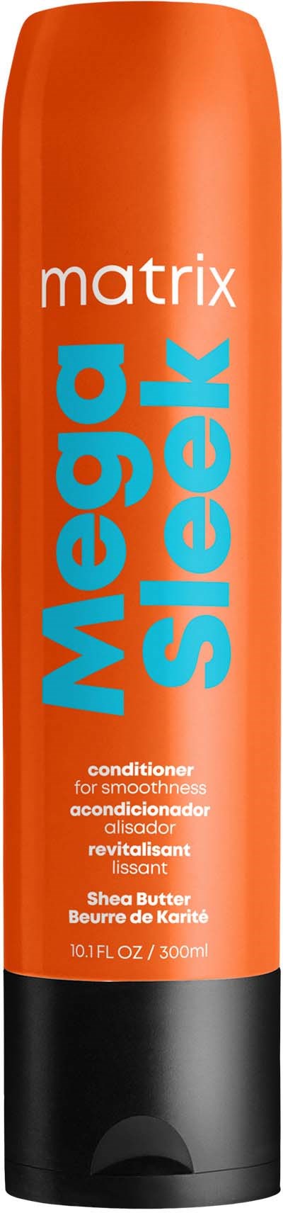 Eine lange orange und schwarze Flasche Mega Sleek Conditioner für glattes Haar, enthält Sheabutter.