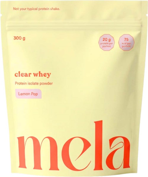Pakning av Clear Whey proteinpulver med smak av Lemon Pop med ernæringsinformasjon og merkenavn.