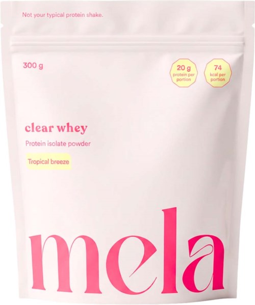 Proteinpulverpakke med rosa og gult tekstfelt, 300 g, 20 g protein per porsjon, og 74 kcal. Mela-logo nederst.