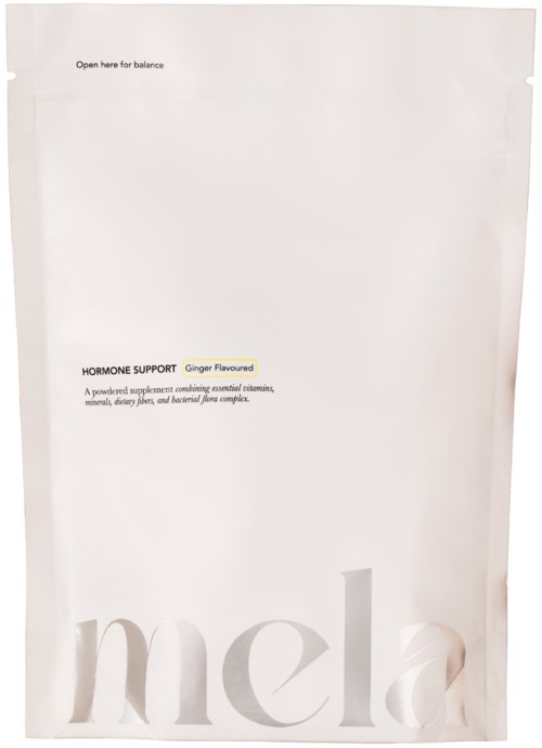 A white, minimalist package for hormone support with ginger flavor, featuring large grey text reading "mela".