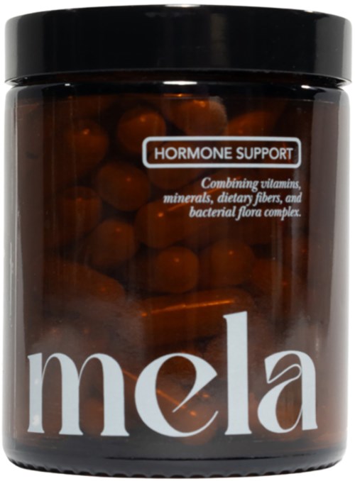 A dark brown jar with orange pills labeled 'Hormone Support' and 'Mela' in large letters at the front.