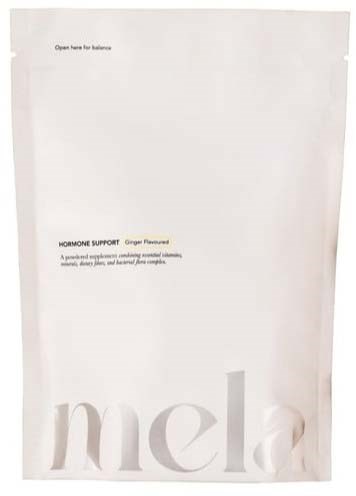 A white, minimalistic packaging with the word mel in large letters at the bottom. It has small text about hormone support.